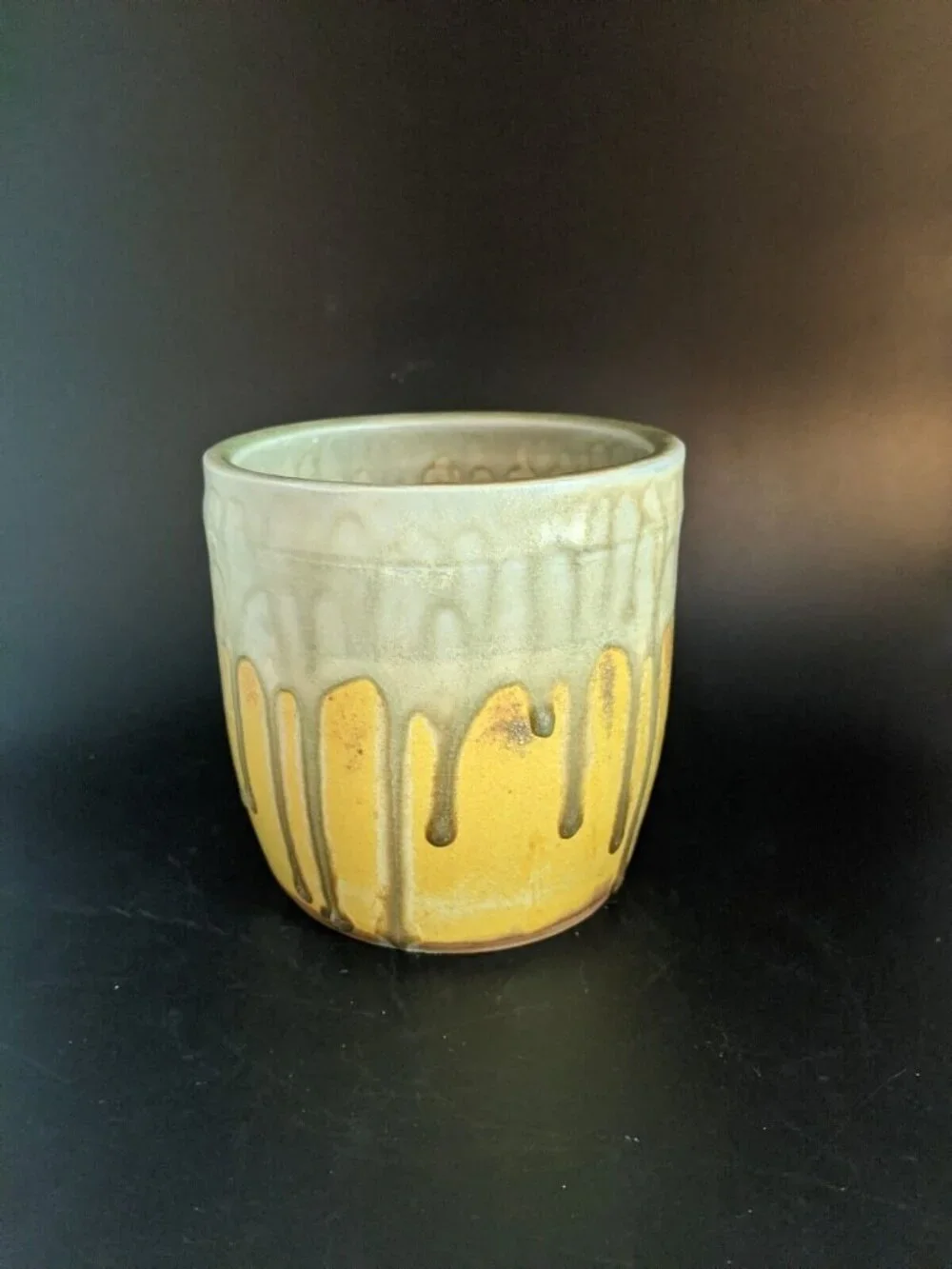 Studio Pottery Pot Vase Planter Yellow Green Drip Glaze Handmade Signed 4.5